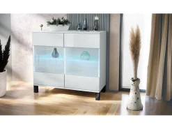 Cómoda Bari V3, Moderno armario de cocina con 2 grandes puertas de cristal incl. iluminación RGB blanco mate / blanco de alto brillo (92,5 x 84.5 x 35)