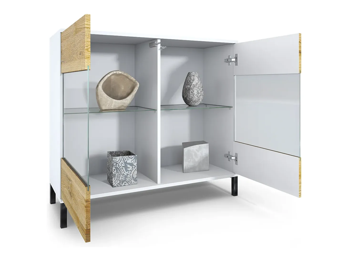 Cómoda Bari V3, Moderno armario de cocina con 2 grandes puertas de cristal incl. iluminación RGB blanco mate / gris de alto brillo (92,5 x 83.5 x 35)