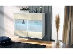 Cómoda Bari V3, Moderno armario de cocina con 2 grandes puertas de cristal incl. iluminación RGB blanco mate / crema de alto brillo (92,5 x 73.5 x 35)