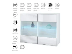 Cómoda Bari V3, Moderno armario de cocina con 2 grandes puertas de cristal incl. iluminación RGB blanco mate / crema de alto brillo (92,5 x 73.5 x 35)