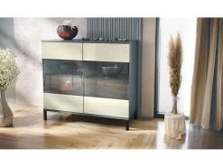 Cómoda Bari V3, Moderno armario de cocina con 2 grandes puertas de cristal antracita mate / crema de alto brillo (92,5 x 83.5 x 35)