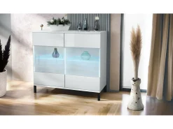 Cómoda Bari V3, Moderno armario de cocina con 2 grandes puertas de cristal incl. iluminación RGB blanco mate / blanco de alto brillo (92,5 x 83.5 x 35)