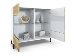 Cómoda Bari V3, Moderno armario de cocina con 2 grandes puertas de cristal incl. iluminación RGB blanco mate / blanco de alto brillo (92,5 x 83.5 x 35)