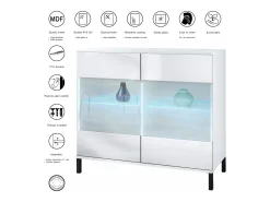 Cómoda Bari V3, Moderno armario de cocina con 2 grandes puertas de cristal incl. iluminación RGB blanco mate / blanco de alto brillo (92,5 x 83.5 x 35)