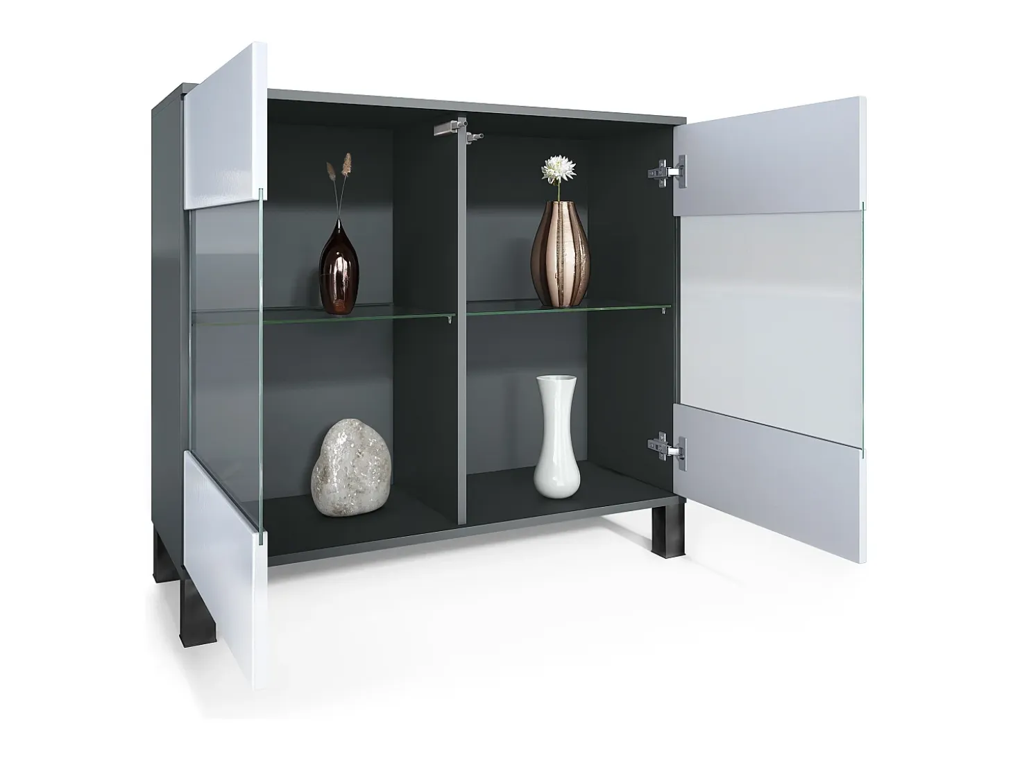 Cómoda Bari V3, Moderno armario de cocina con 2 grandes puertas de cristal antracita mate / gris de alto brillo (92,5 x 84.5 x 35)