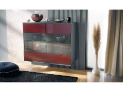 Cómoda Bari V3, Moderno armario de cocina con 2 grandes puertas de cristal antracita mate / burdeos de alto brillo (92,5 x 73.5 x 35)