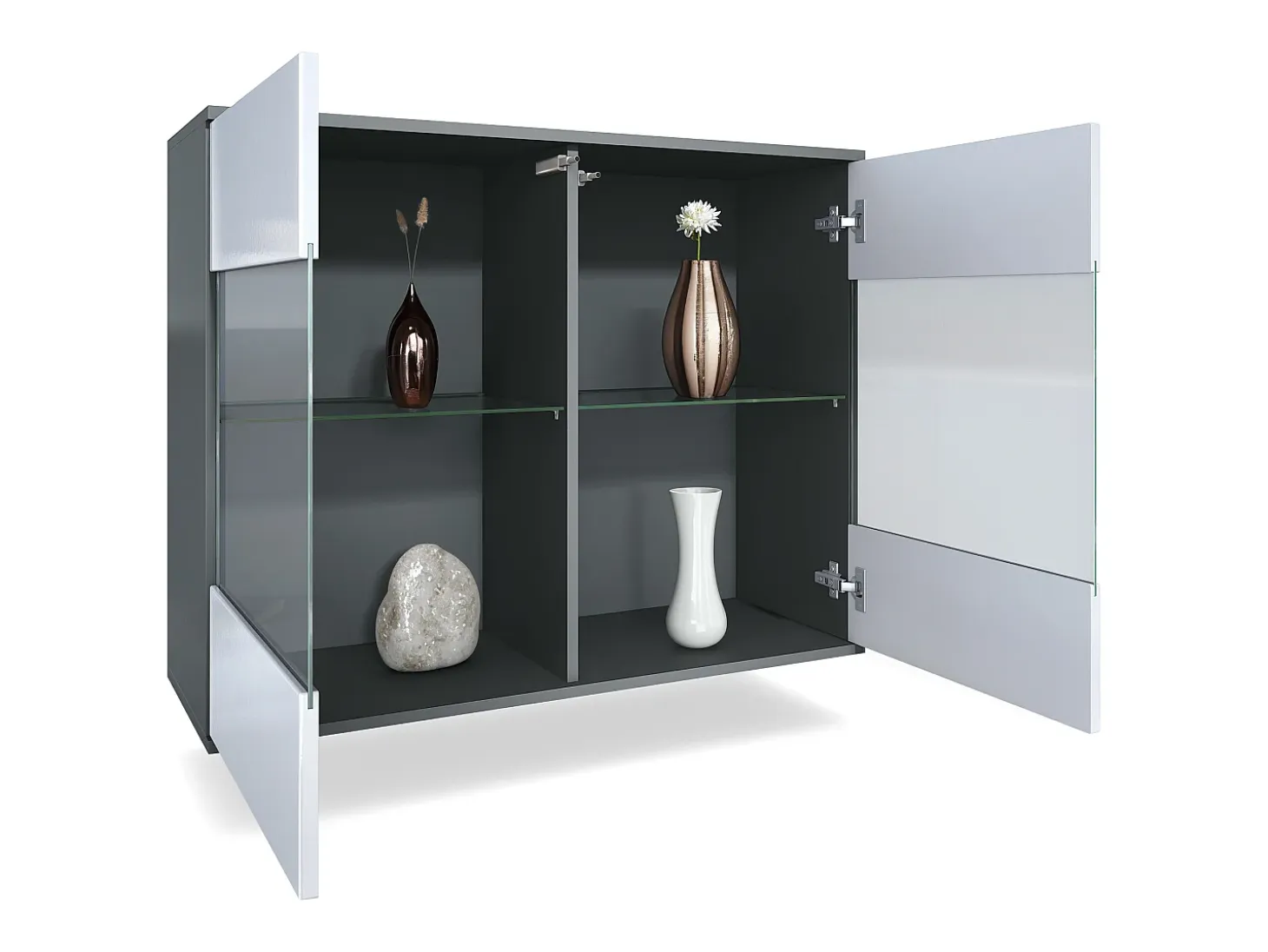 Cómoda Bari V3, Moderno armario de cocina con 2 grandes puertas de cristal antracita mate / burdeos de alto brillo (92,5 x 73.5 x 35)