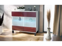 Cómoda Bari V3, Moderno armario de cocina con 2 grandes puertas de cristal incl. iluminación RGB blanco mate / burdeos de alto brillo (92,5 x 84.5 x 35)