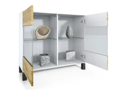 Cómoda Bari V3, Moderno armario de cocina con 2 grandes puertas de cristal incl. iluminación RGB blanco mate / burdeos de alto brillo (92,5 x 84.5 x 35)