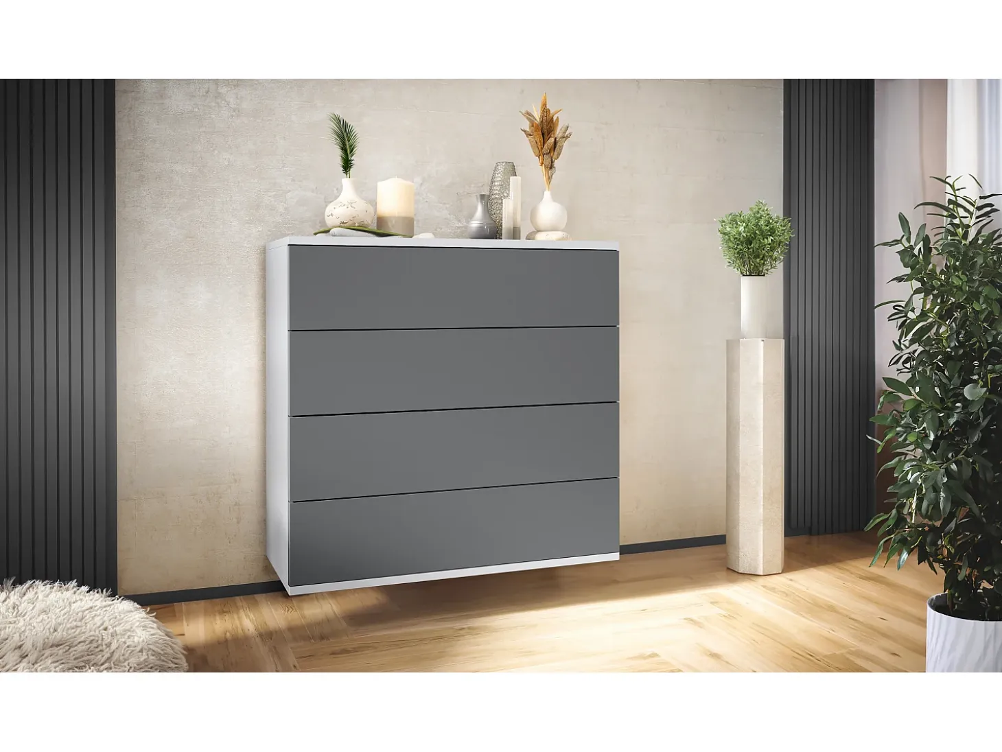 Cómoda colgante Pavos V3, Aparador con 4 cajones blanco mate/antracita mate (76 x 76 x 35 cm)