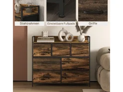 Cómoda con 7 cajones de tela, diseño antivuelco, MDF, marrón (98x29x85 cm)