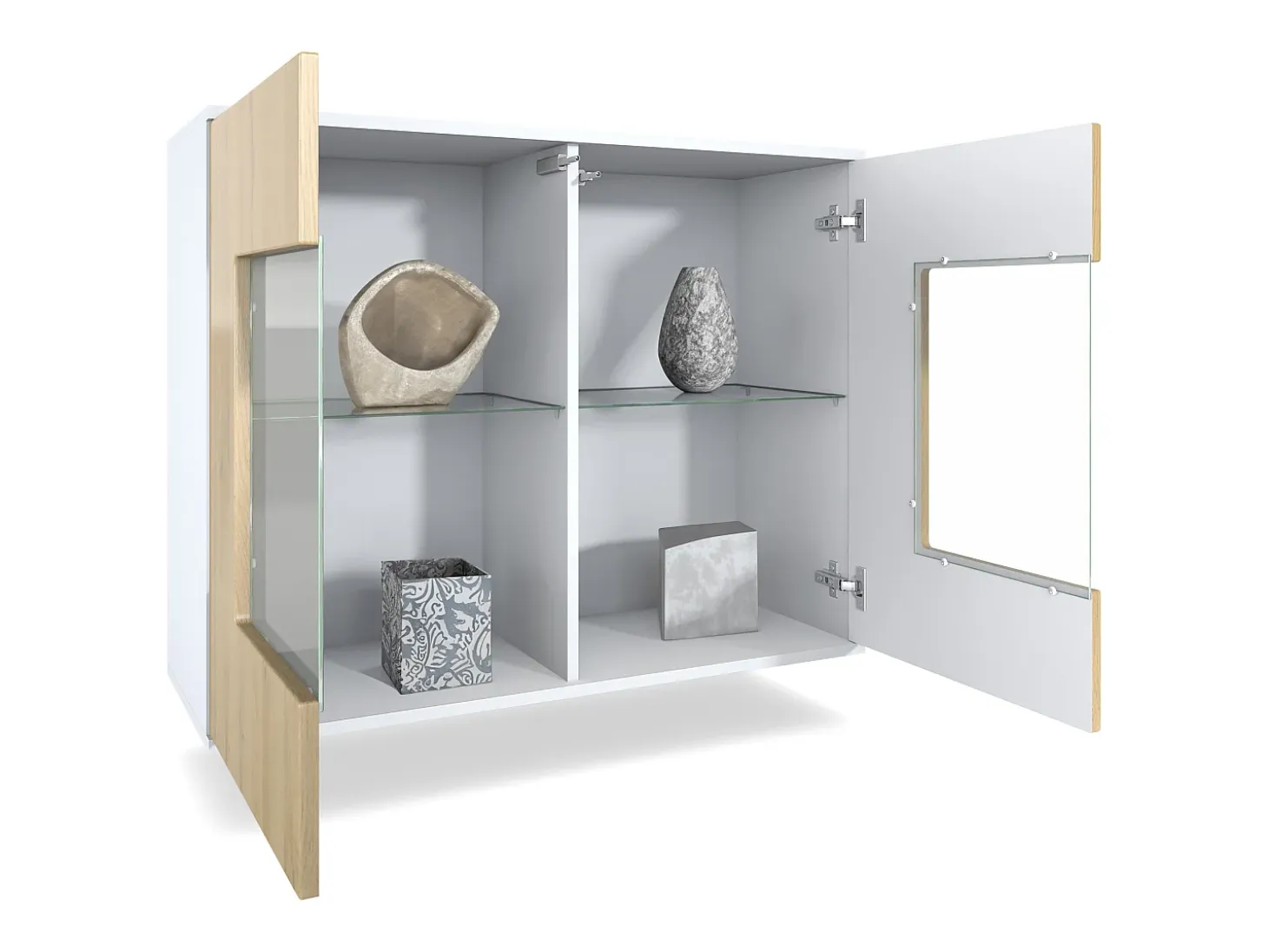 Cómoda Grömitz V3, Moderno armario de cocina con 2 grandes puertas de cristal blanco mate / gris de alto brillo (92,5 x 73.5 x 35)