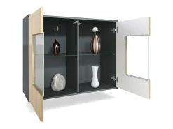 Cómoda Grömitz V3, Moderno armario de cocina con 2 grandes puertas de cristal incl. iluminación RGB antracita mate / crema de alto brillo (92,5 x 73.5 x 35)