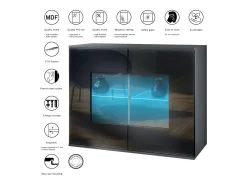 Cómoda Grömitz V3, Moderno armario de cocina con 2 grandes puertas de cristal incl. iluminación RGB antracita mate / roble natural (92,5 x 73.5 x 35)