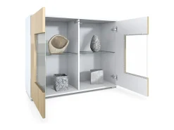 Cómoda Grömitz V3, Moderno armario de cocina con 2 grandes puertas de cristal blanco mate / burdeos de alto brillo (92,5 x 75.5 x 35)