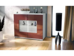 Cómoda Grömitz V3, Moderno armario de cocina con 2 grandes puertas de cristal blanco mate / burdeos de alto brillo (92,5 x 75.5 x 35)
