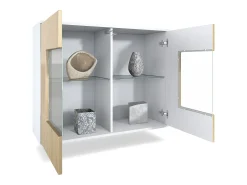 Cómoda Grömitz V3, Moderno armario de cocina con 2 grandes puertas de cristal blanco mate / blanco de alto brillo (92,5 x 73.5 x 35)