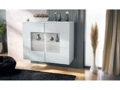 Cómoda Grömitz V3, Moderno armario de cocina con 2 grandes puertas de cristal blanco mate / blanco de alto brillo (92,5 x 73.5 x 35)