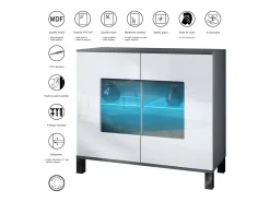 Cómoda Grömitz V3, Moderno armario de cocina con 2 grandes puertas de cristal incl. iluminación RGB antracita mate / roble natural (92,5 x 84.5 x 35)