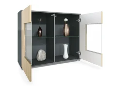 Cómoda Grömitz V3, Moderno armario de cocina con 2 grandes puertas de cristal incl. iluminación RGB antracita mate / blanco de alto brillo (92,5 x 75.5 x 35)