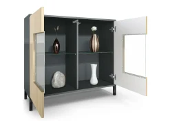 Cómoda Grömitz V3, Moderno armario de cocina con 2 grandes puertas de cristal antracita mate / gris de alto brillo (92,5 x 83.5 x 35)