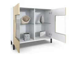 Cómoda Grömitz V3, Moderno armario de cocina con 2 grandes puertas de cristal blanco mate / gris de alto brillo (92,5 x 83.5 x 35)