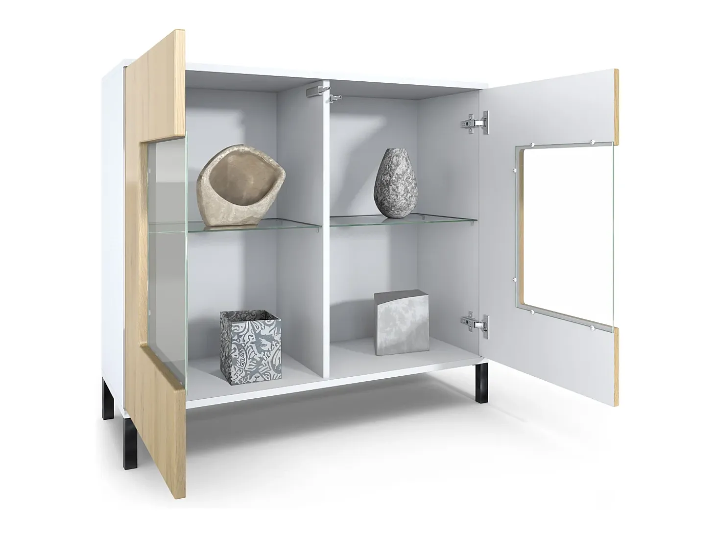 Cómoda Grömitz V3, Moderno armario de cocina con 2 grandes puertas de cristal blanco mate / gris de alto brillo (92,5 x 83.5 x 35)