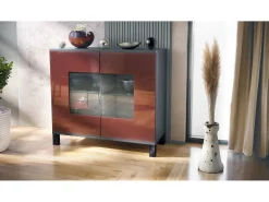 Cómoda Grömitz V3, Moderno armario de cocina con 2 grandes puertas de cristal antracita mate / burdeos de alto brillo (92,5 x 84.5 x 35)