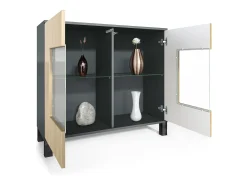 Cómoda Grömitz V3, Moderno armario de cocina con 2 grandes puertas de cristal antracita mate / burdeos de alto brillo (92,5 x 84.5 x 35)