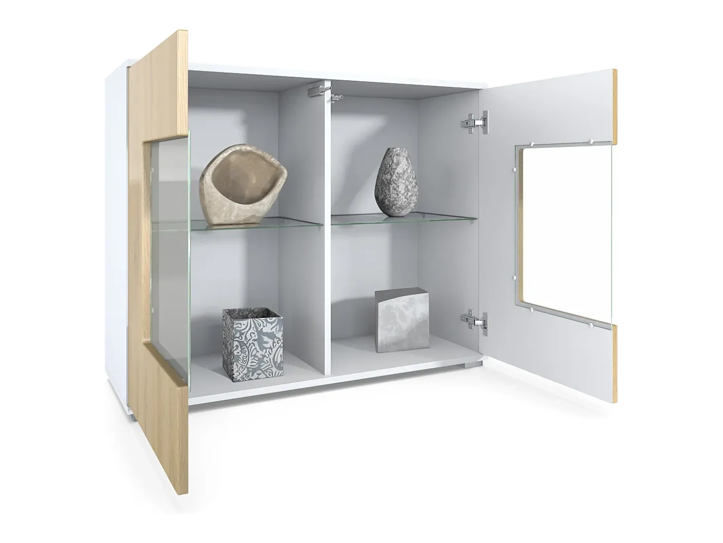 Cómoda Grömitz V3, Moderno armario de cocina con 2 grandes puertas de cristal blanco mate / crema de alto brillo (92,5 x 75.5 x 35)