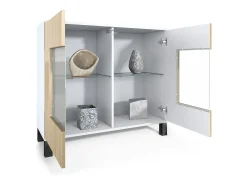 Cómoda Grömitz V3, Moderno armario de cocina con 2 grandes puertas de cristal incl. iluminación RGB blanco mate / gris de alto brillo (92,5 x 84.5 x 35)