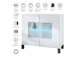 Cómoda Grömitz V3, Moderno armario de cocina con 2 grandes puertas de cristal incl. iluminación RGB blanco mate / gris de alto brillo (92,5 x 84.5 x 35)