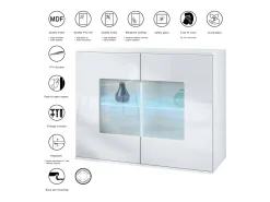Cómoda Grömitz V3, Moderno armario de cocina con 2 grandes puertas de cristal incl. iluminación RGB blanco mate / gris arena de alto brillo (92,5 x 73.5 x 35)