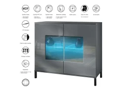 Cómoda Grömitz V3, Moderno armario de cocina con 2 grandes puertas de cristal incl. iluminación RGB antracita mate / gris arena de alto brillo (92,5 x 83.5 x 35)