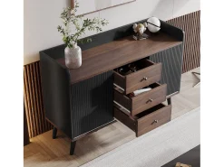 Cómoda moderna de madera con puertas correderas, mueble de 3 cajones, color negro y madera oscura.