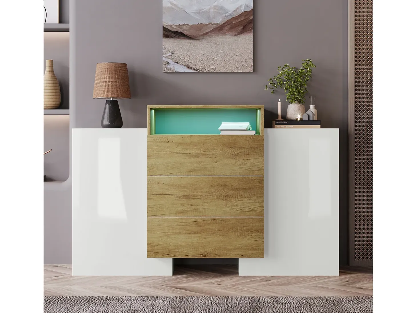 Cómoda moderna de madera estructurada con cajones de almacenaje - L 140 x P 30 x H 78 cm