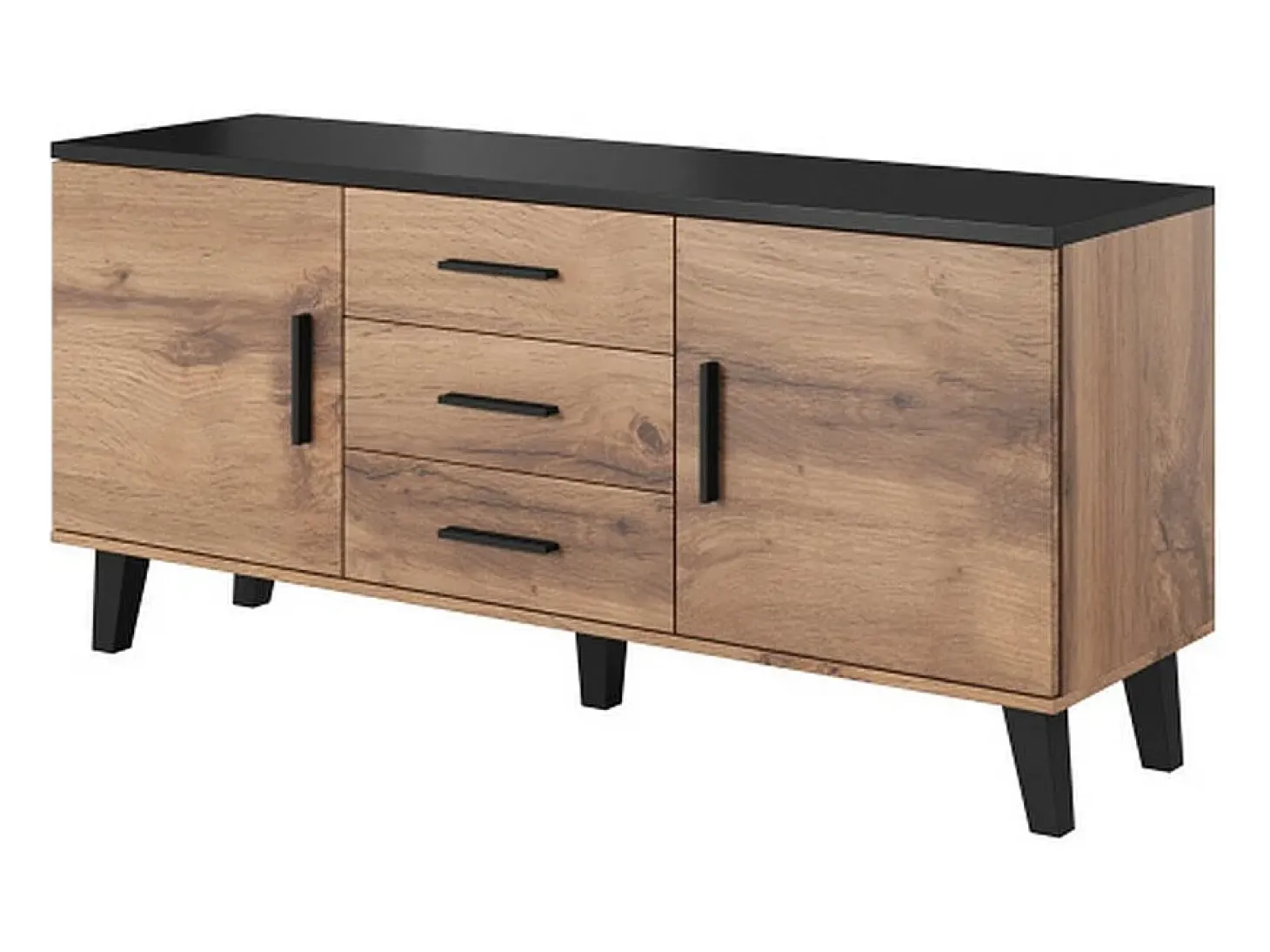 Cómoda negra y madera 2 puertas 3 cajones 150cm Colin