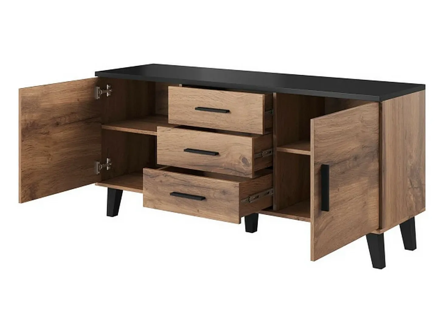 Cómoda negra y madera 2 puertas 3 cajones 150cm Colin