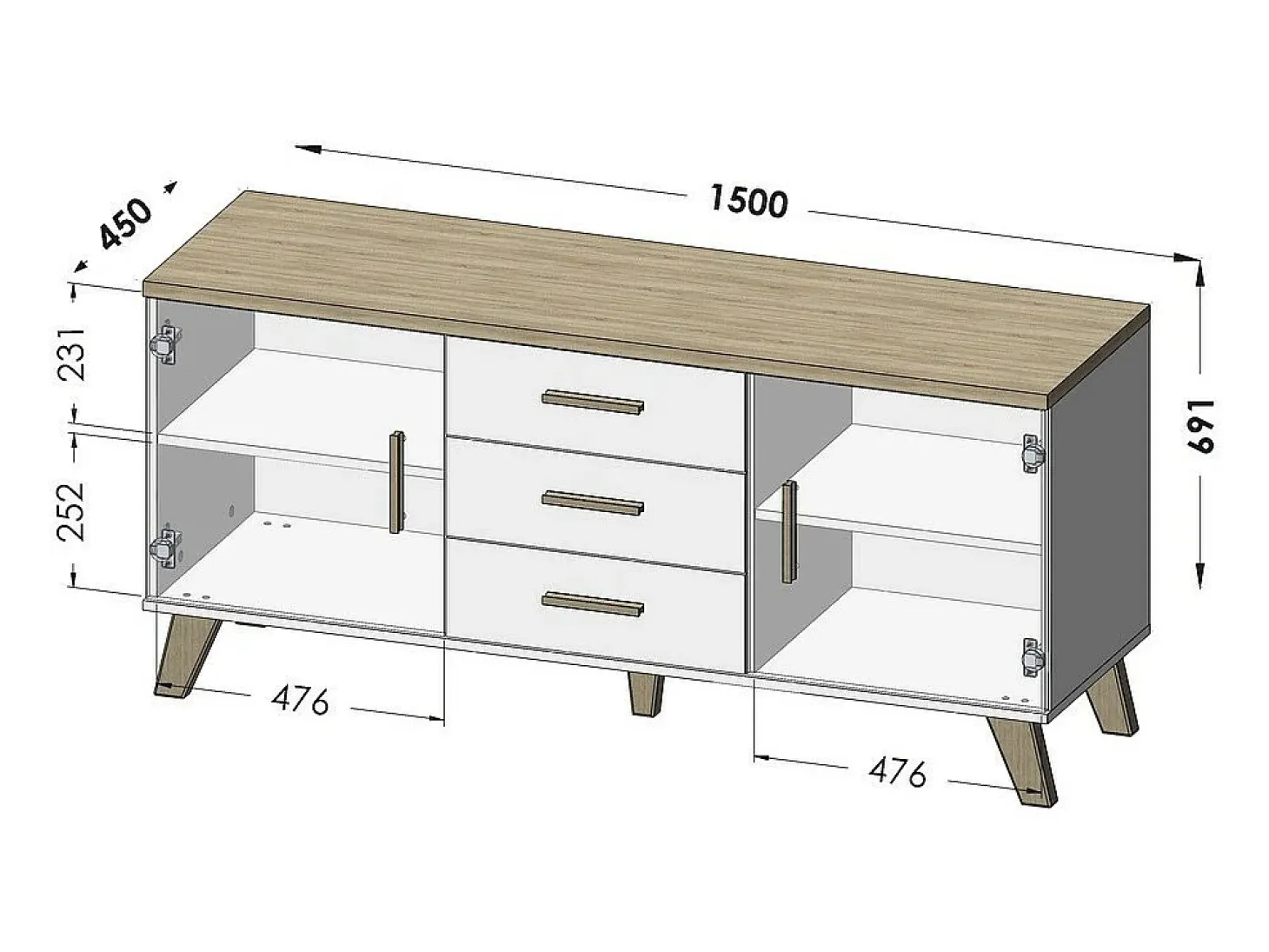 Cómoda negra y madera 2 puertas 3 cajones 150cm Colin