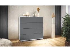 Cómoda Pavos V3, Aparador con 4 cajones blanco mate/antracita mate (76 x 76 x 35 cm)