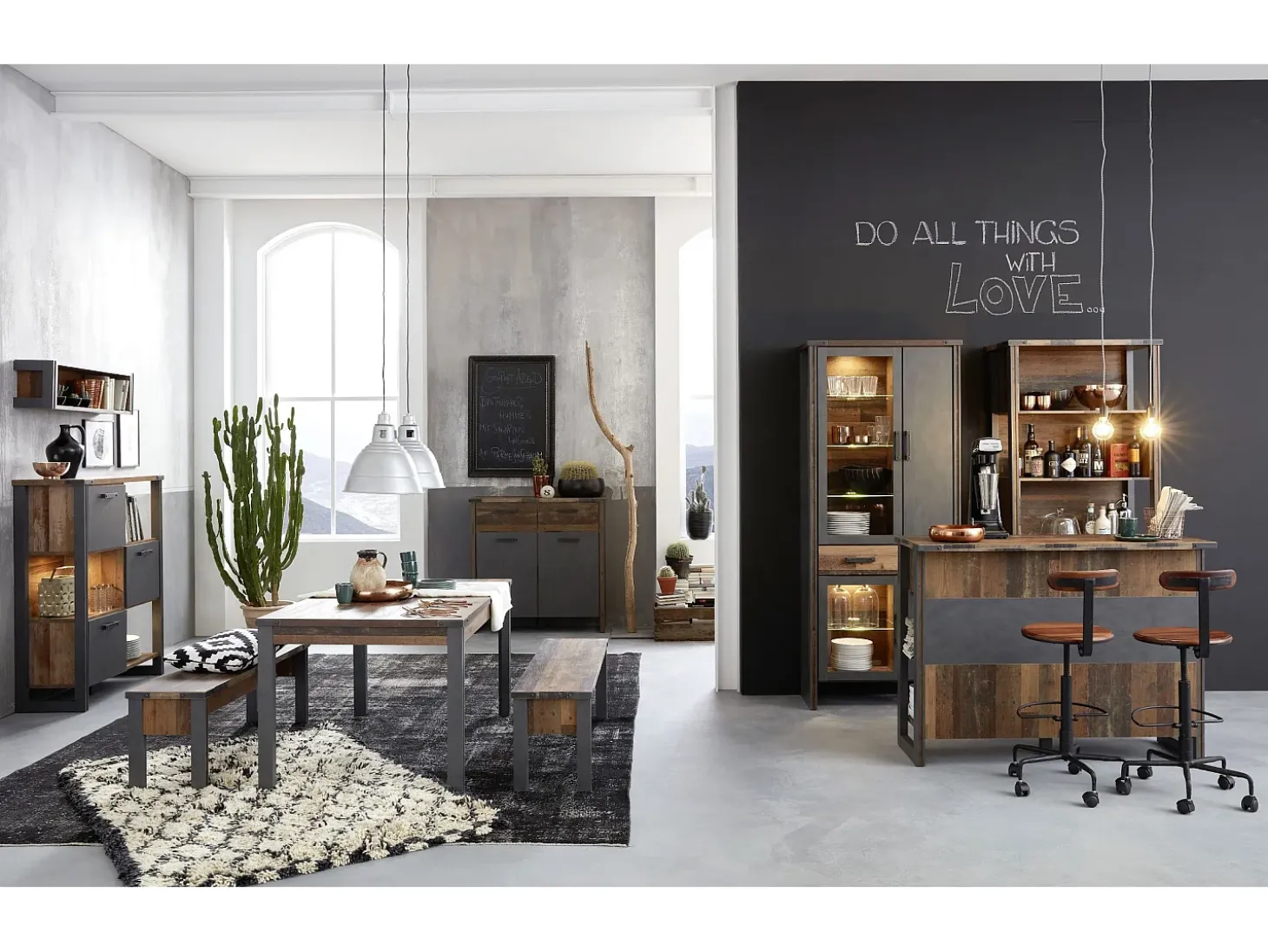 Cómoda vintage de madera vieja y gris con remaches