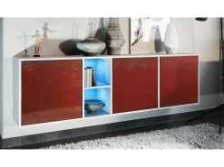 Cómoda Vladon Cuba - blanco mate/burdeos de alto brillo con LED - Aparador moderno para su salón - (AnxAlxPr) 182x53x35 cm