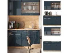 Cocina americana azul oscuro alto brillo/roble dorado 140x46x81.6 fame-line