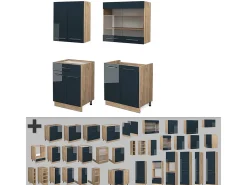 Cocina americana azul oscuro alto brillo/roble dorado 140x46x81.6 fame-line