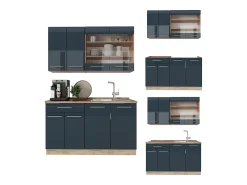 Cocina americana azul oscuro alto brillo/roble dorado 140x46x81.6 fame-line