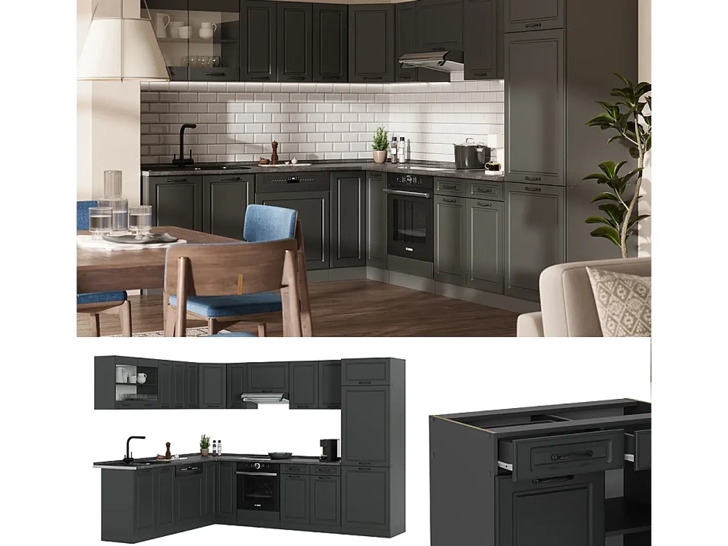 Cocina esquinera antracita casa de campo/antracita 287x46x81.6 r-line