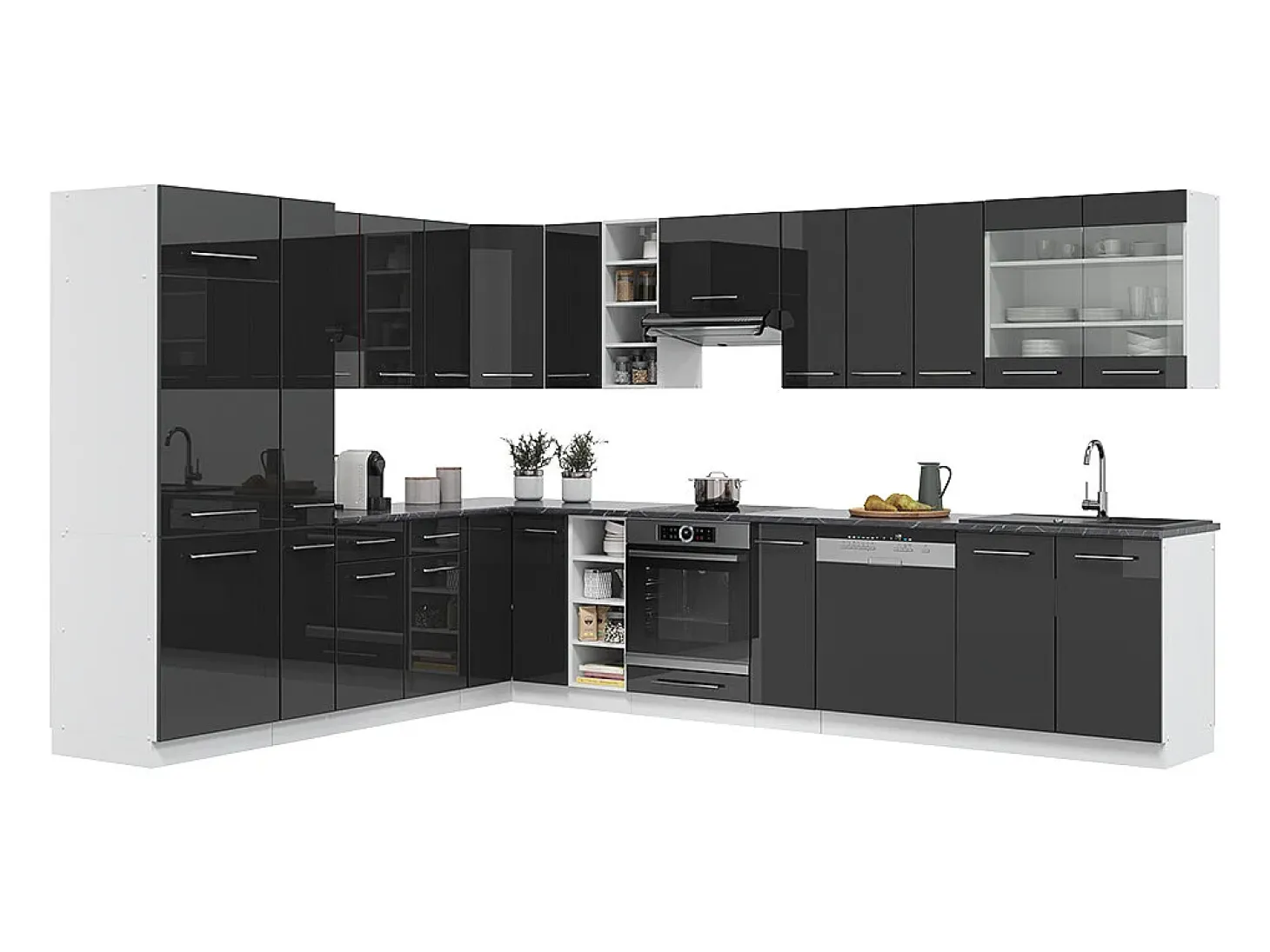 Cocina esquinera antracita brillo intenso/blanco 347x46x81.6 fame-line