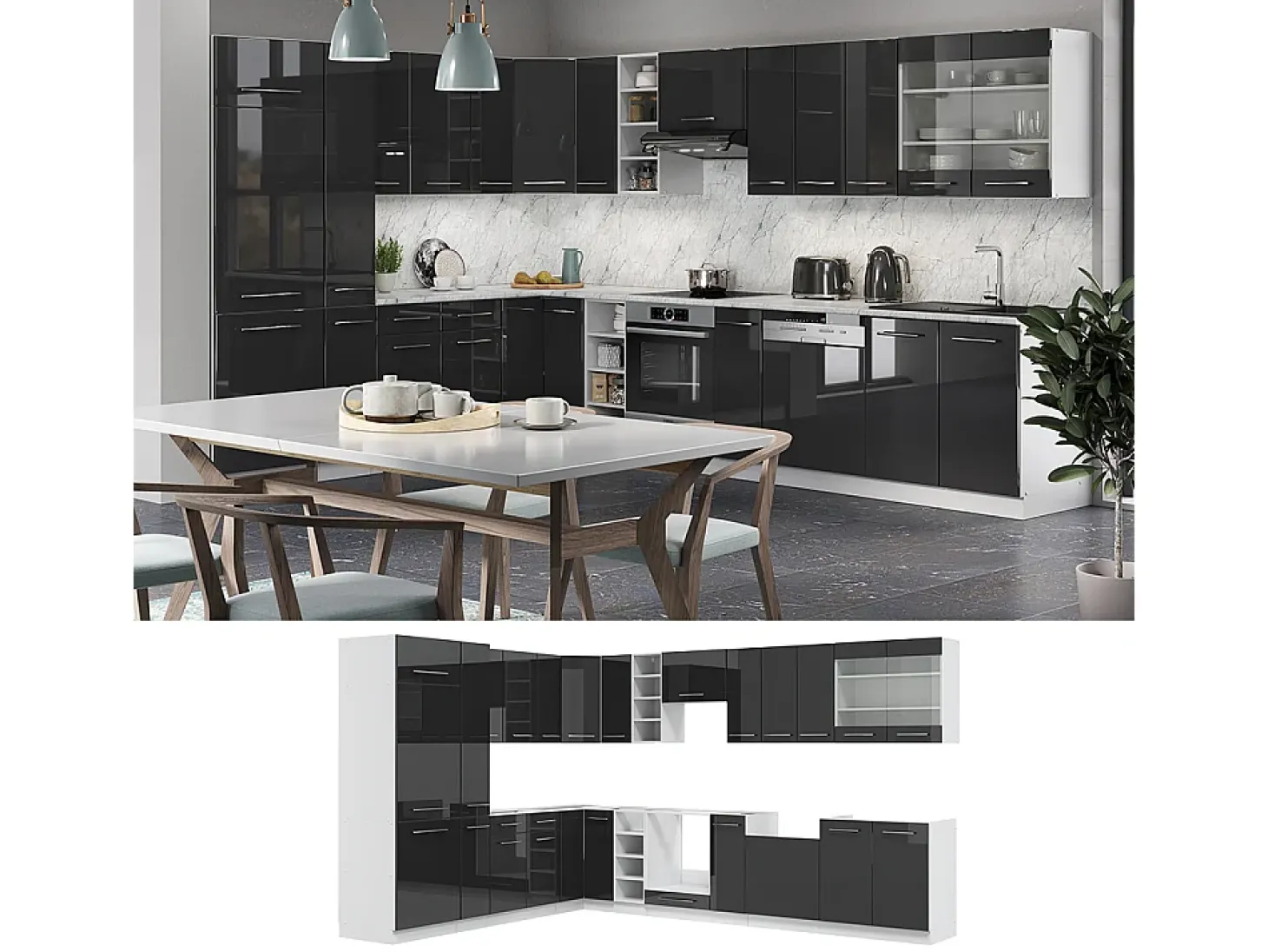 Cocina esquinera antracita brillo intenso/blanco 347x46x81.6 fame-line