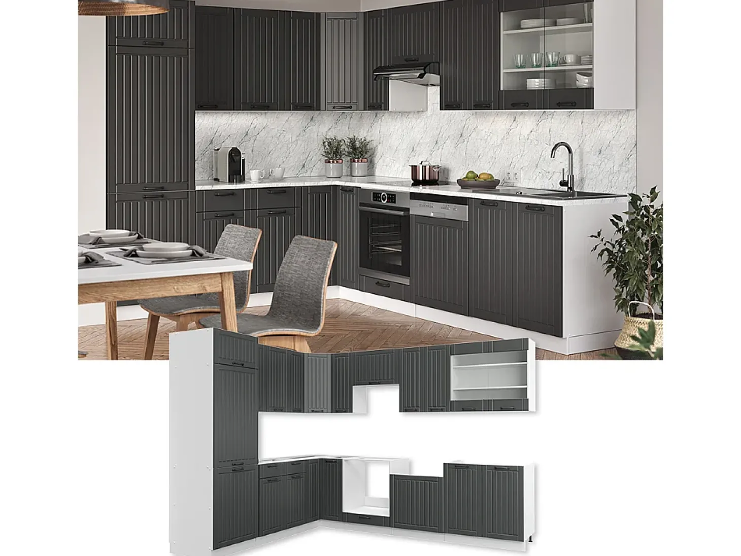 Cocina esquinera antracita casa de campo/blanco 287x60x81.6 fame-line