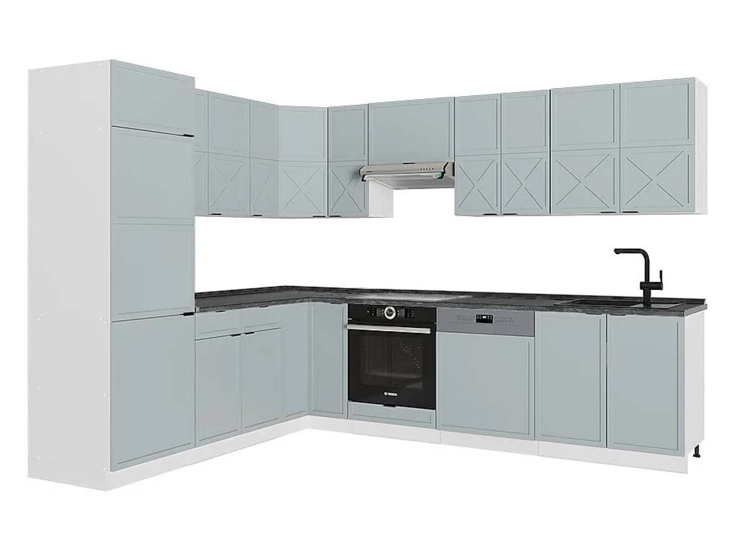 Cocina esquinera azul claro-gris-blanco 287x60x81.6 fame-line